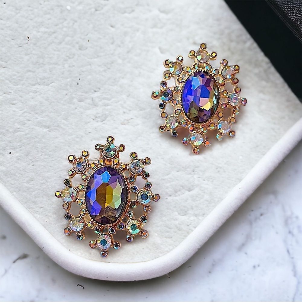 Purple And Aurora Borealis Rhinestone Gold Tone Stud Earrings